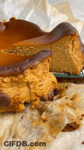 A Cake With A Slice Taken Out Of It On A Plate GIF