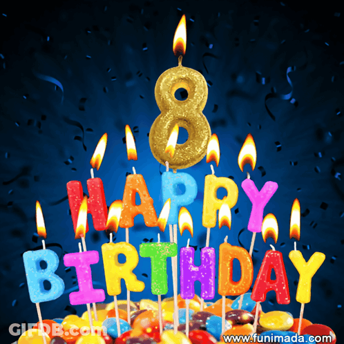 A Cake With Candles That Say Happy Birthday And The Number 8 GIF