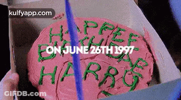 Cake With Green Frosting Saying Happy Birthday Harry June 26 1997 GIF