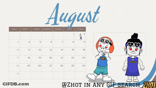 A Calendar For August With A Boy And A Girl On It GIF
