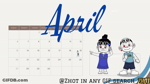 A Calendar For The Month Of April With A Boy And Girl On It GIF