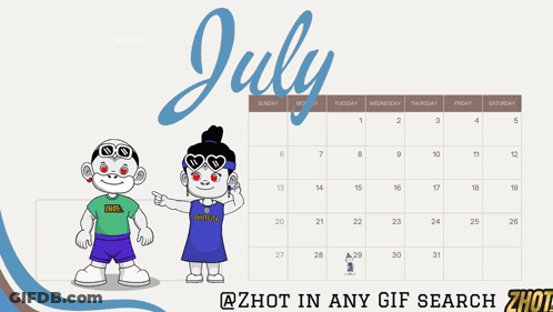 A Calendar For The Month Of July With Cartoon Characters GIF