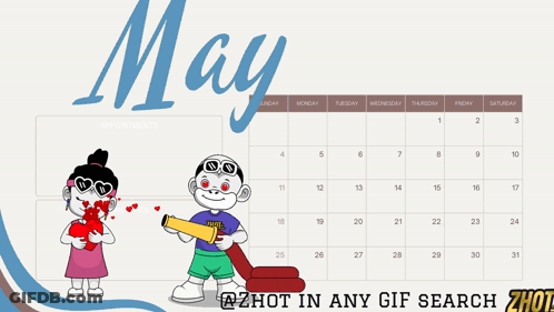 A Calendar For The Month Of May With A Boy And A Girl On It GIF