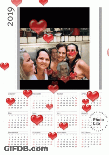 A Calendar For The Year 2019 With Hearts Floating Around GIF