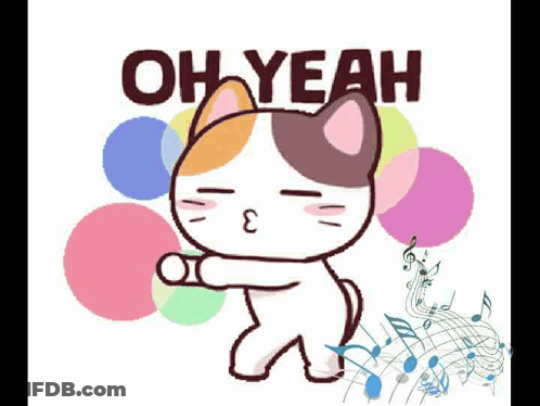 A Calico Cat Is Dancing With The Words Oh Yeah Above It . GIF