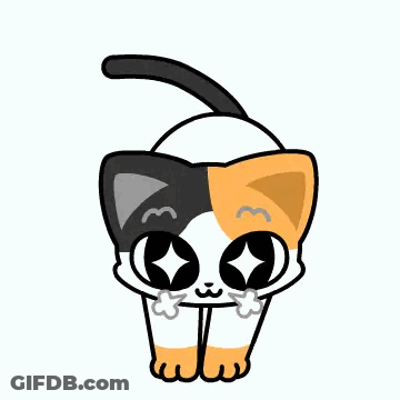 A Calico Cat Is Sitting Down With Its Paws Crossed And Looking Up At The Camera . GIF