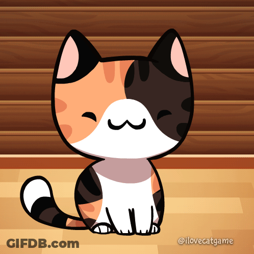 A Calico Cat Is Sitting In Front Of A Wooden Wall With The Words " I Love Catgame " Below It GIF