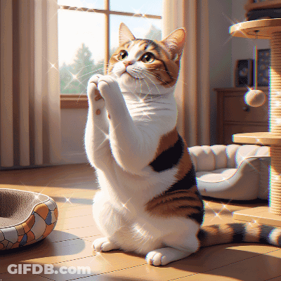A Calico Cat Sitting On Its Hind Legs With Its Paws Up In Front Of A Window GIF