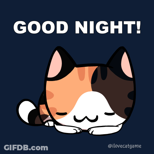 A Calico Cat Sleeping With The Words Good Night Written Above It GIF