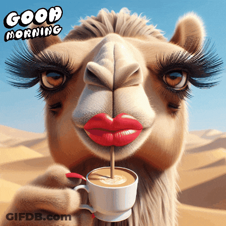 A Camel With Red Lips Is Drinking From A Cup GIF