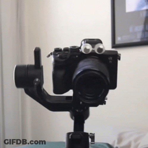 A Camera With Googly Eyes On It Is On A Tripod GIF