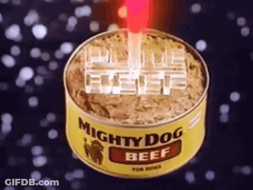 A Can Of Mighty Dog Beef With A Red Laser Beam Coming Out Of It GIF
