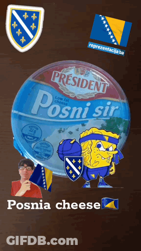 A Can Of President Posni Sir Low Fat Cheese With A Spongebob Character On It GIF