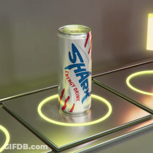 A Can Of Shark Energy Drink Sitting On Top Of A Metal Surface GIF