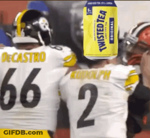 A Can Of Twisted Tea Is On The Head Of A Football Player GIF
