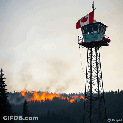 A Canadian Flag Is Flying Above A Fire Tower GIF