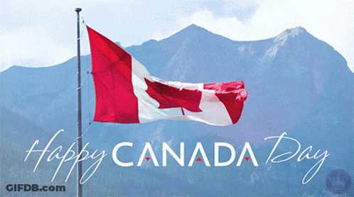 A Canadian Flag Is Flying In Front Of A Mountain With The Words Happy Canada Day GIF