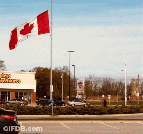A Canadian Flag Is Flying In Front Of A Store Called Styles Source GIF