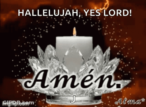 A Candle In A Crystal Holder With The Words Amen Written On It GIF
