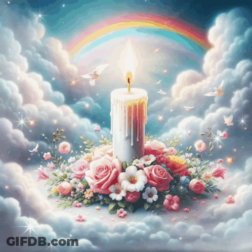 A Candle Is Surrounded By Flowers And A Rainbow In The Background GIF