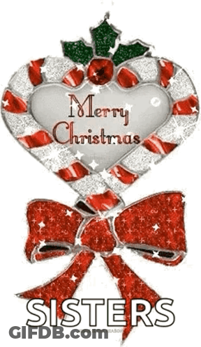 A Candy Cane In The Shape Of A Heart With The Words Merry Christmas Sisters On It GIF