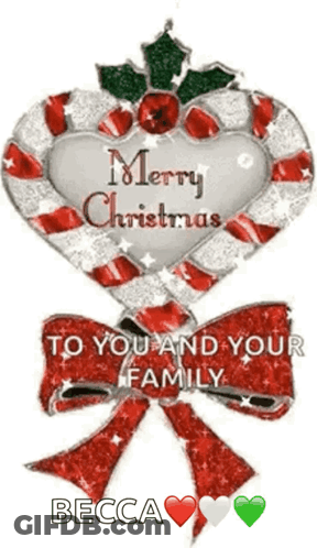 A Candy Cane In The Shape Of A Heart With The Words Merry Christmas To You And Your Family On It GIF