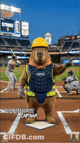 A Capybara Wearing A Hard Hat And A Catcher 'S Vest Stands On A Baseball Diamond GIF