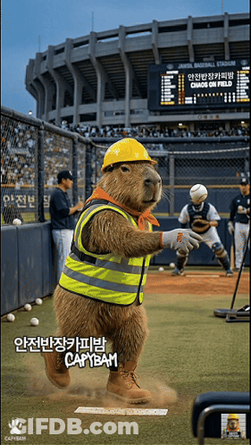 A Capybara Wearing A Hard Hat And Safety Vest Is Standing On A Baseball Field GIF
