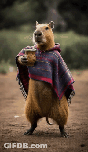 A Capybara Wearing A Poncho Is Drinking From A Cup GIF