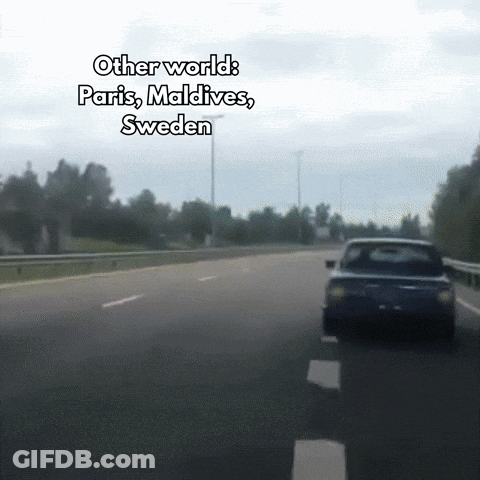 A Car Driving Down A Highway With The Words Other World Paris Maldives Sweden GIF