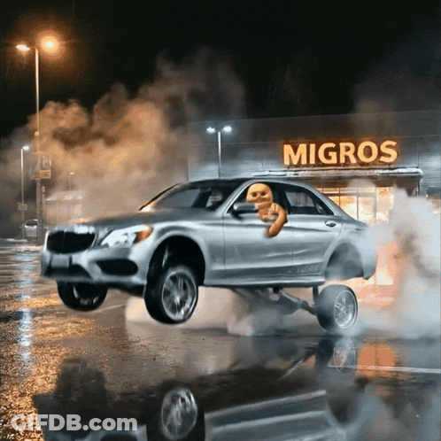A Car Is Doing A Wheelie In Front Of A Migros GIF