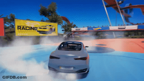 A Car Is Drifting On A Track With A Sign That Says Racing In The Background GIF