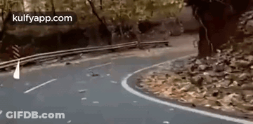 A Car Is Driving Down A Curvy Road With Trees On The Side . GIF