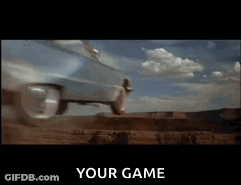 A Car Is Driving Down A Dirt Road And The Words " Your Game " Are On The Screen GIF