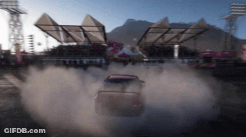 A Car Is Driving Down A Dirt Road With Smoke Coming Out Of It GIF