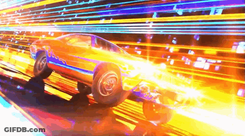 A Car Is Driving Down A Road At Night With A Lot Of Lights Coming Out Of It . GIF