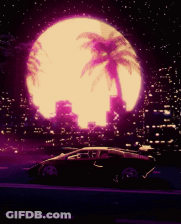 A Car Is Driving Down A Road With A Palm Tree In The Background GIF