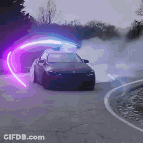 A Car Is Driving Down A Road With Smoke Coming Out Of The Windshield GIF