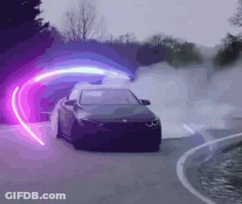 A Car Is Driving Down A Road With Smoke Coming Out Of The Windshield GIF