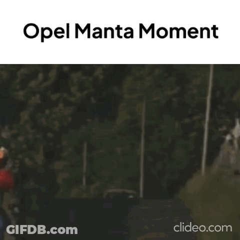 A Car Is Driving Down A Road With The Words Opel Manta Moment On The Bottom GIF