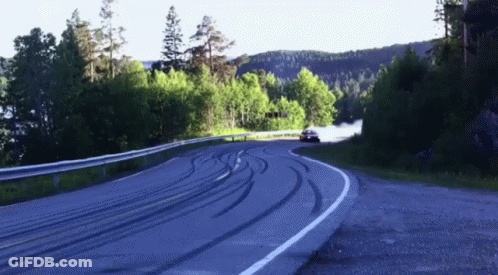 A Car Is Driving Down A Road With Trees On The Side GIF