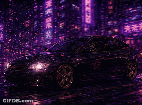 A Car Is Driving Down A Street At Night With Hearts Coming Out Of It GIF