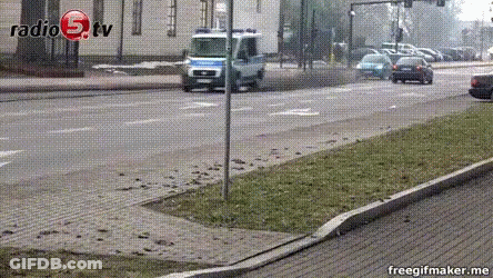 A Car Is Driving Down A Street In Front Of A Building That Says Radio 9 Tv On It GIF