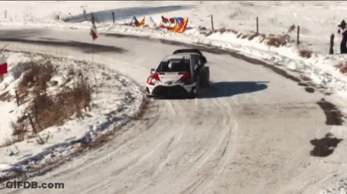 A Car Is Driving On A Snowy Road With The Word Toyota On The Side GIF