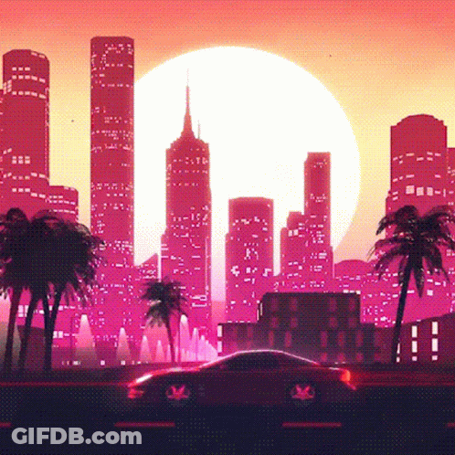 A Car Is Driving Past A City Skyline At Sunset . GIF