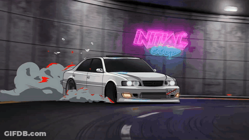 A Car Is Driving Through A Tunnel With A Neon Sign That Says Initial GIF
