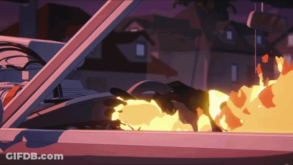 A Car Is On Fire In A Cartoon Scene With Houses In The Background GIF