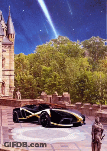 A Car Is Parked In Front Of A Castle GIF