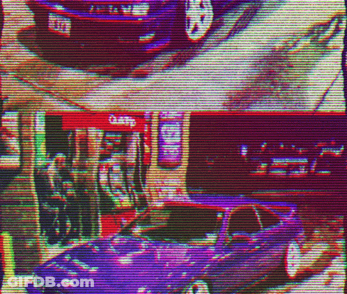 A Car Is Parked In Front Of A Gas Station With A Glitch Effect . GIF