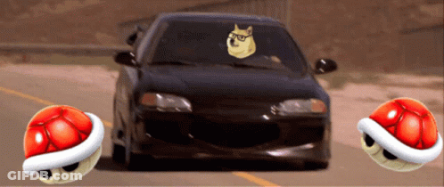 A Car With A Doge On The Windshield Is Driving Down The Road GIF